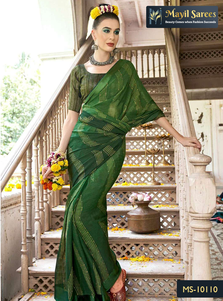 Forest Green Saree In Silk Blend With Weaved Floral Motifs And Blouse –  paanericlothing