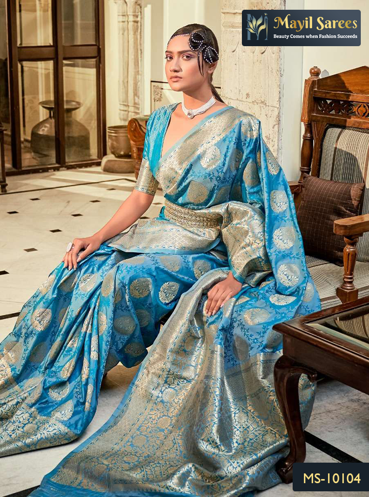 Sky Blue Color Traditional Butta Silk With Woven Work Party Wear Plus Size  Saree - 7802178